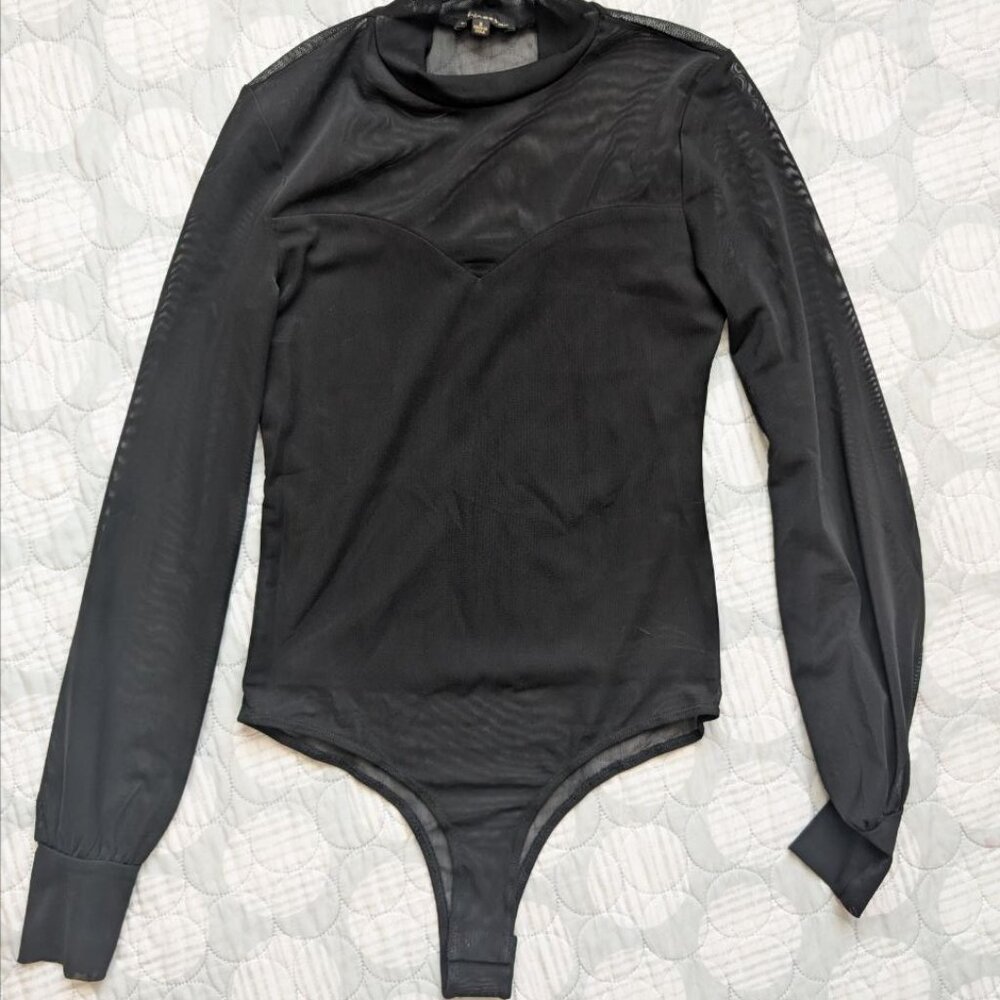 Shinestar Women`s Black Mesh Body Suit with Princess Top Stitch Size S